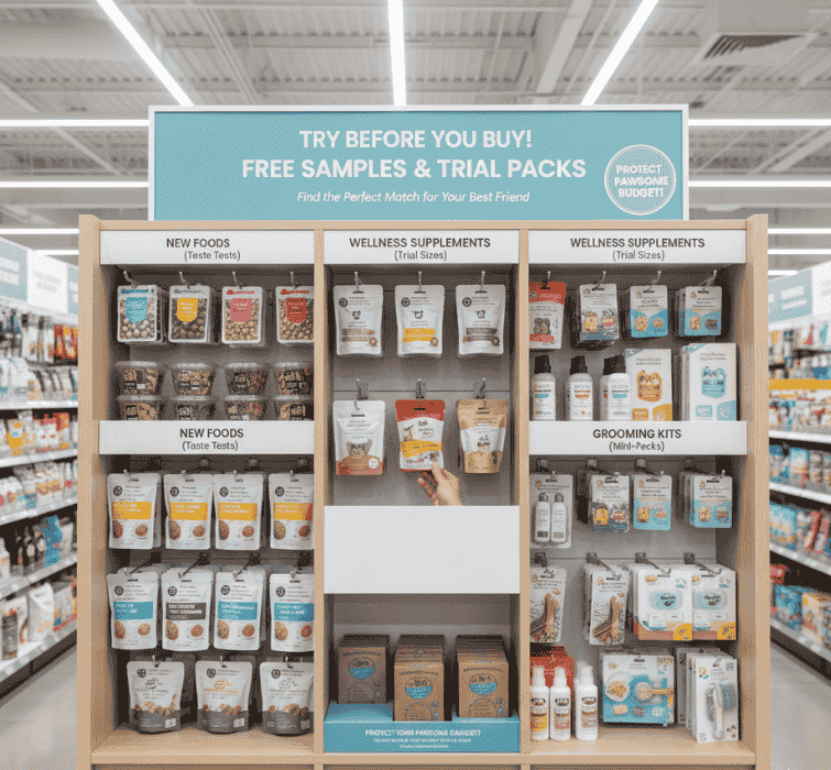 free samples-storeagent - StoreAgent Pet store retail display showing free samples and trial packs for new pet food and wellness products