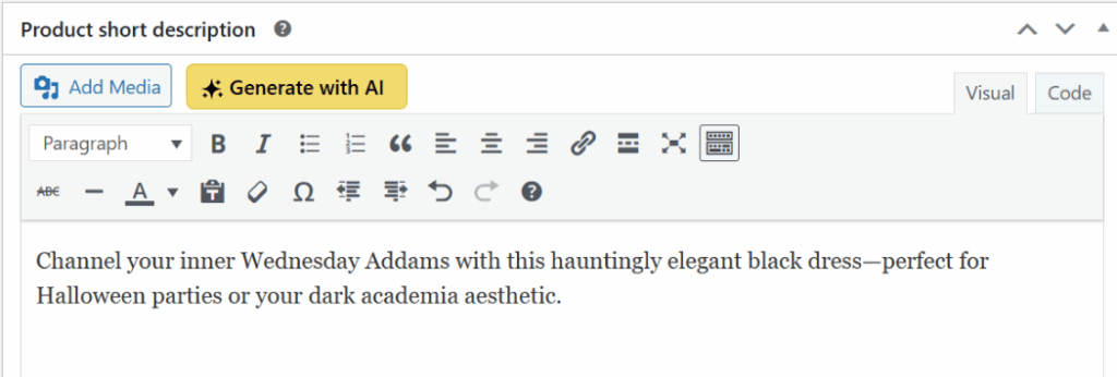 StoreAgent AI short description generator showing how to transform regular product descriptions into Halloween-themed copy for WooCommerce stores