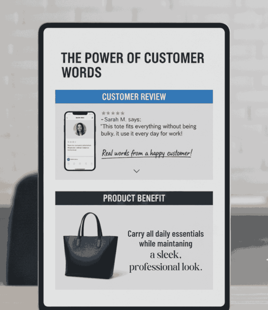 Customer review analysis showing how to extract product benefits from real user feedback about tote bag functionality
