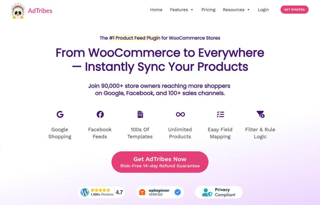 AdTribes landing page showing a bold headline about syncing WooCommerce products, icons for channels, and a prominent pink 'Get AdTribes Now' button.