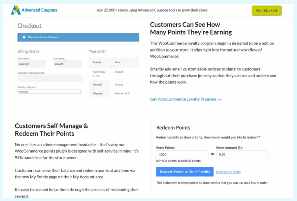 Advanced Coupons WooCommerce loyalty program showing checkout points notification and customer self-service points redemption interface