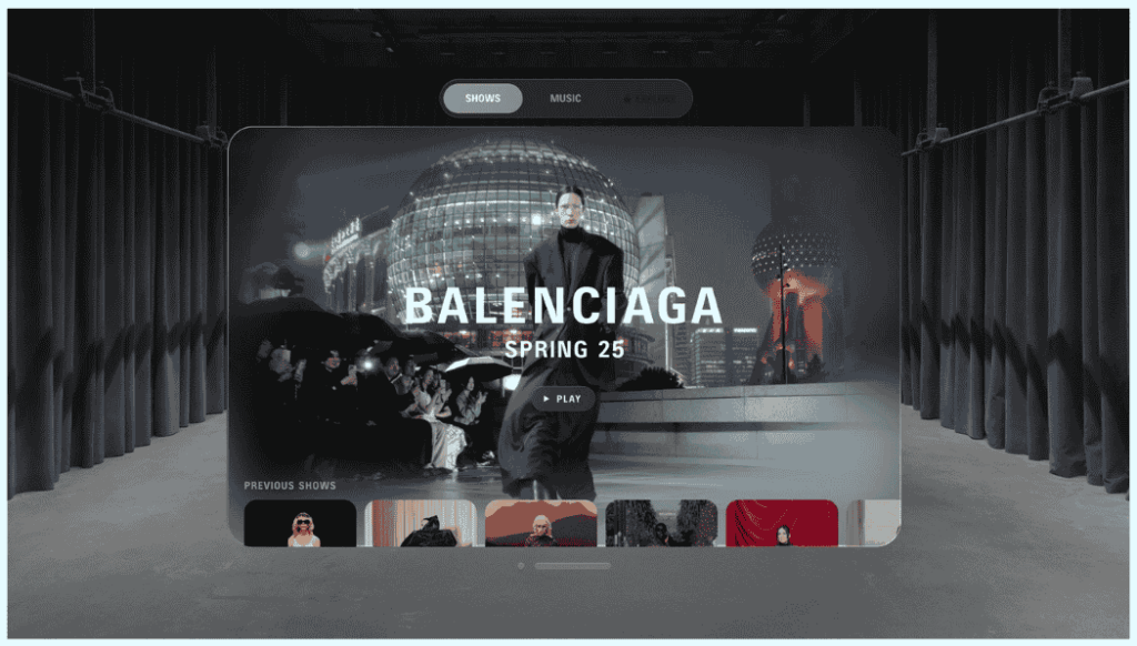 Balenciaga virtual fashion show interface showing Spring 2025 collection with immersive 180-degree video player and previous shows