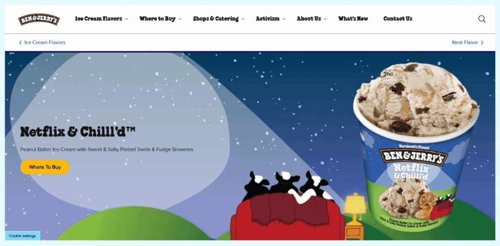 Ben and Jerrys Netflix and Chill ice cream flavor collaboration showing peanut butter with pretzel swirls and fudge brownies