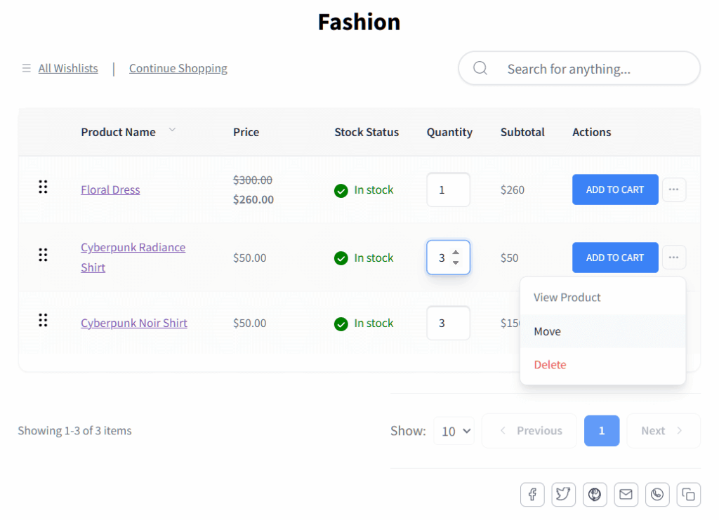 Website wishlist page titled 'Fashion' displaying floral and cyberpunk shirts, in-stock green icons, quantity inputs, and a dropdown menu for actions.