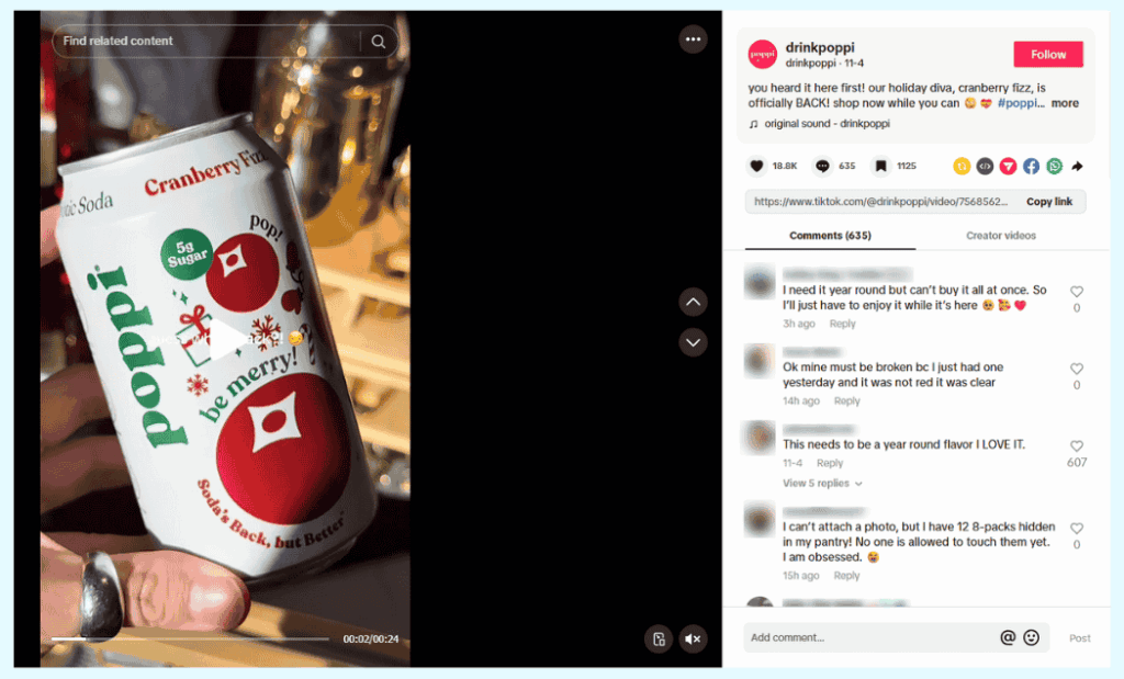 Poppi prebiotic soda TikTok video showing cranberry fizz flavor with lifestyle content generating thousands of views and comments