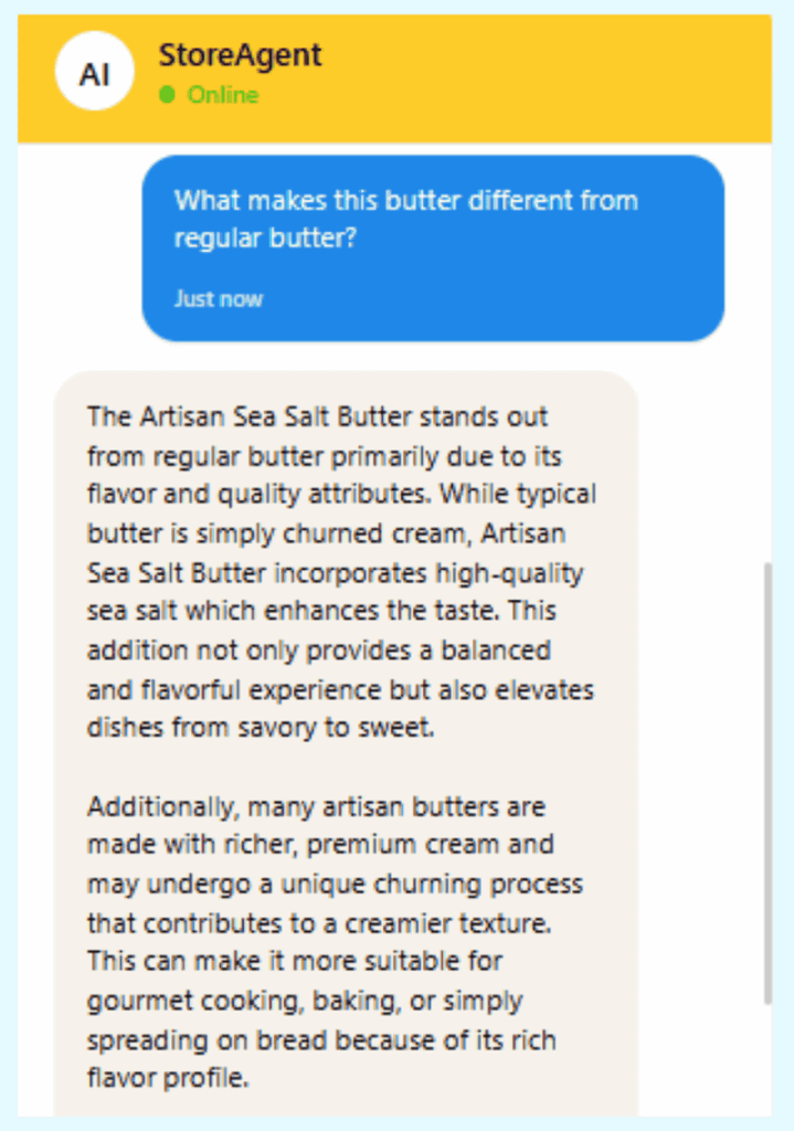 StoreAgent AI chatbot answering customer question about artisan sea salt butter highlighting grass-fed sourcing French sea salt and health benefits in real-time