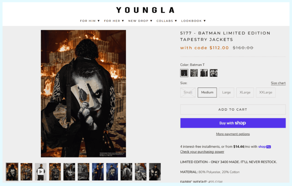 YoungLA limited edition Batman tapestry jacket product page showing sold out status and scarcity marketing tactics