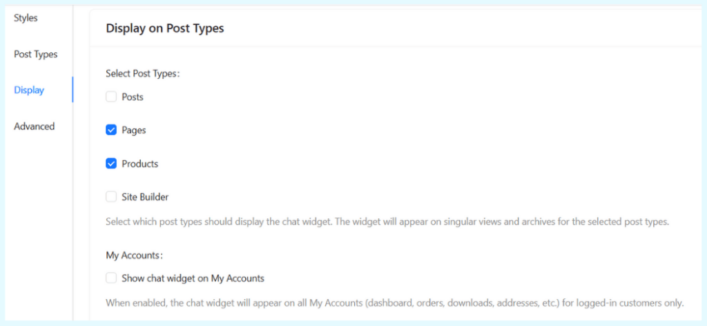 StoreAgent Display settings tab showing checkboxes to select which post types display the chat widget.