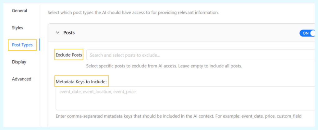Detailed view of StoreAgent Post Types settings showing options to exclude specific posts and define metadata keys for AI content ingestion.