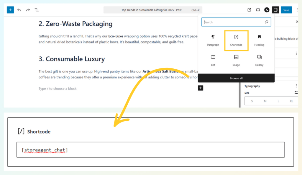 WordPress editor showing the shortcode block popup menu with the StoreAgent chat shortcode being selected.