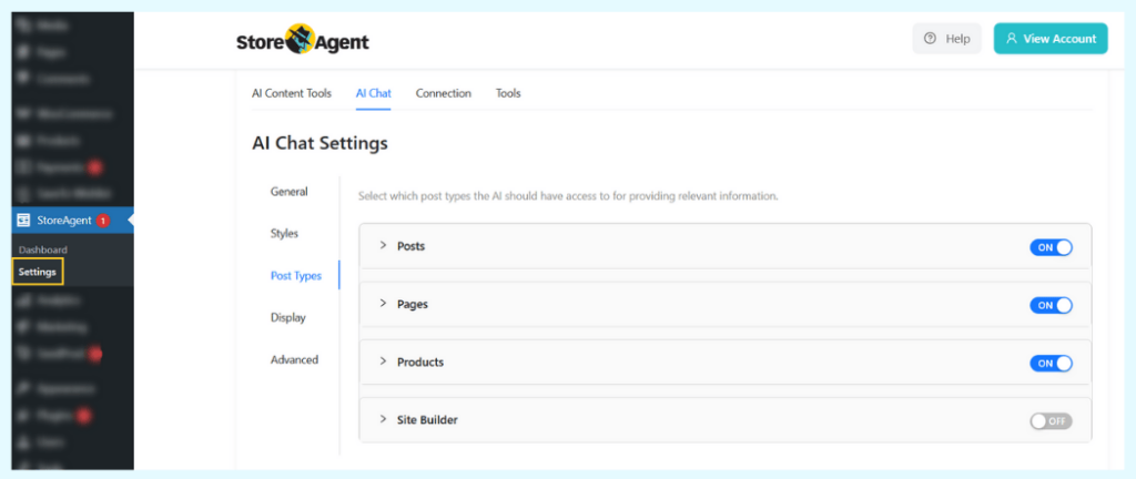 StoreAgent AI Chat settings dashboard showing enabled toggle switches for Posts, Pages, and Products post types.