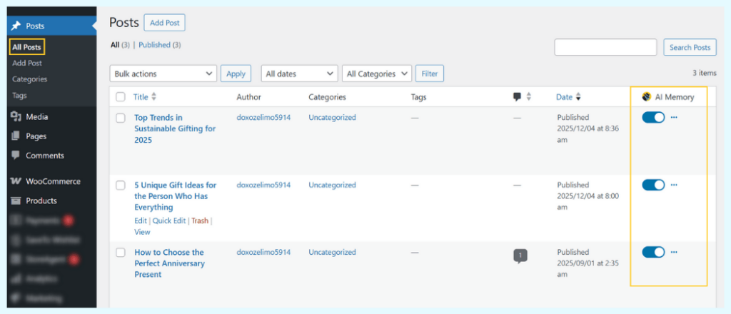WordPress Posts list view showing bulk action dropdown menu with 'Add to AI Memory' selected for multiple blog posts.