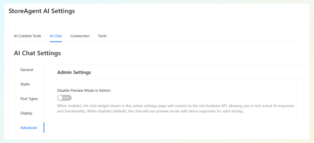 StoreAgent AI Chat Settings page showing the Advanced tab with the 'Disable Preview Mode in Admin' toggle.