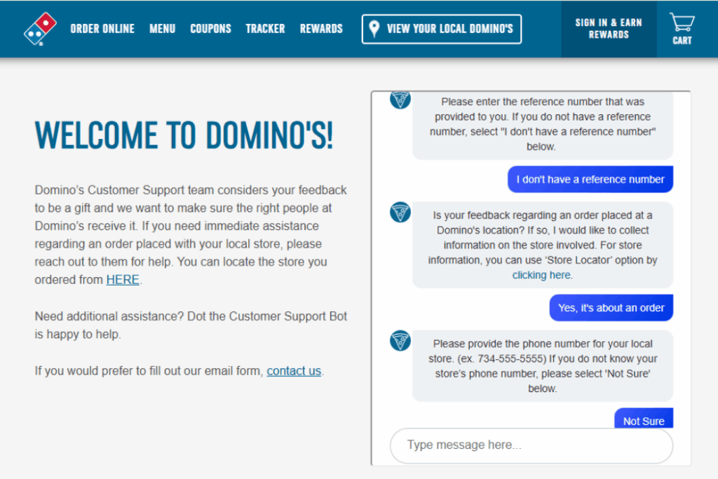 Domino's Pizza chatbot interface showing real-time order tracking status
