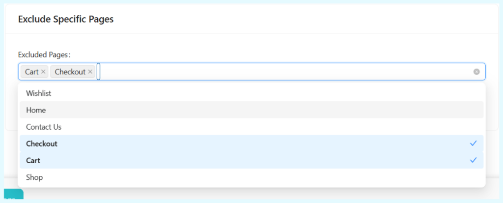 StoreAgent Display settings showing the Exclude Specific Pages search field with Cart and Checkout pages selected.