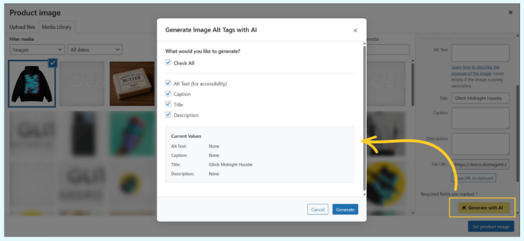 WordPress media modal showing the 'Generate Image Alt Tags with AI' interface. An arrow points from the empty metadata fields to the yellow 'Generate with AI' button at the bottom right.