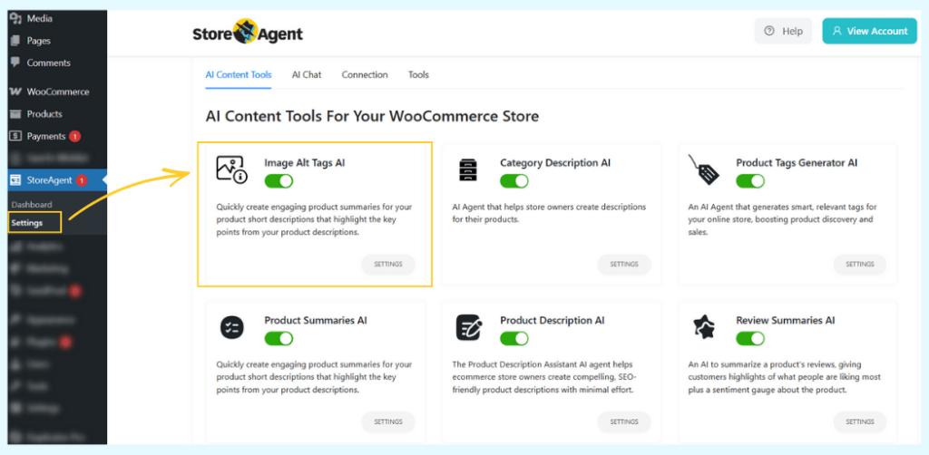 StoreAgent AI Content Tools dashboard displaying the Image Alt Tags AI card. An arrow points to the card, highlighting the enabled toggle switch.