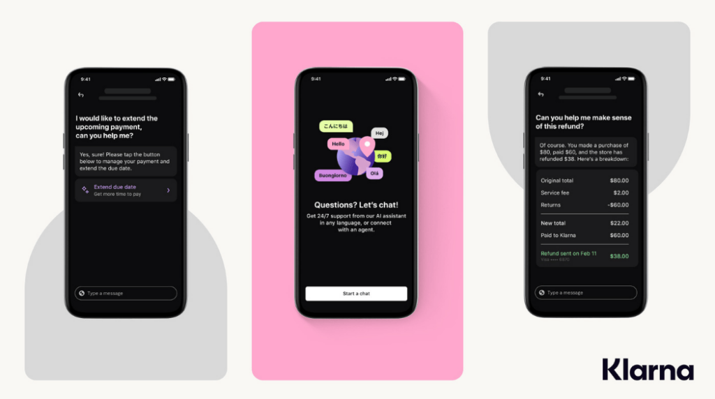 Klarna AI chatbot interface showing multilingual support and refund handling