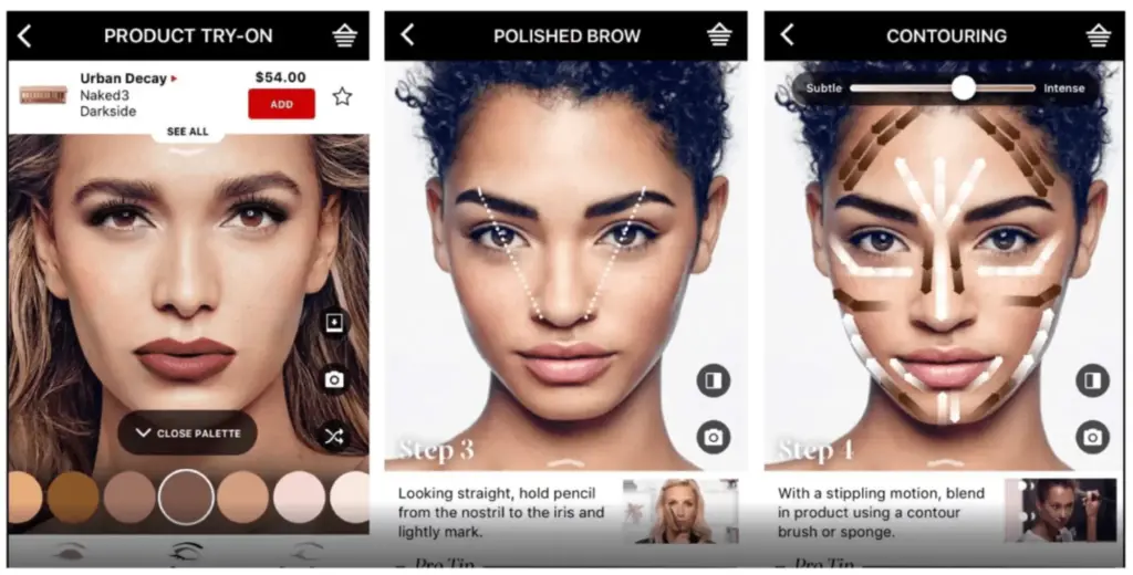 Sephora Virtual Artist app interface demonstrating makeup try-on features