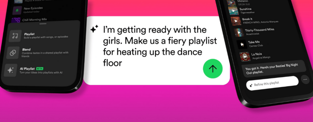 Spotify AI Playlist interface showing a user prompt for a dance playlist
