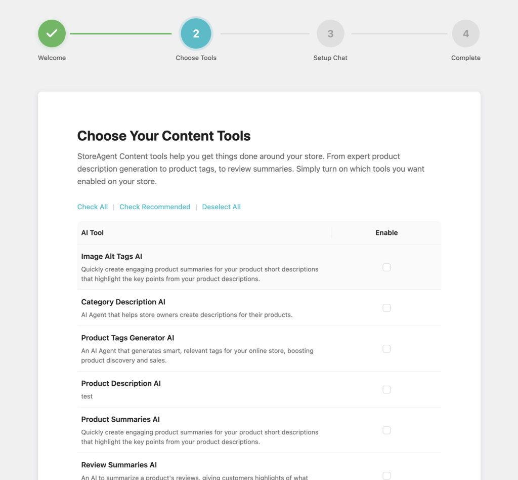 storeagent onboarding wizard - Choose your AI content tools – StoreAgent