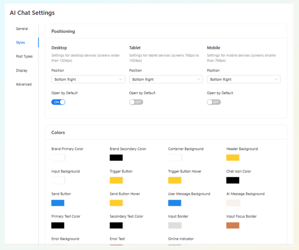 StoreAgent AI Chat Settings page showing the Styles tab with options for positioning and color customization.