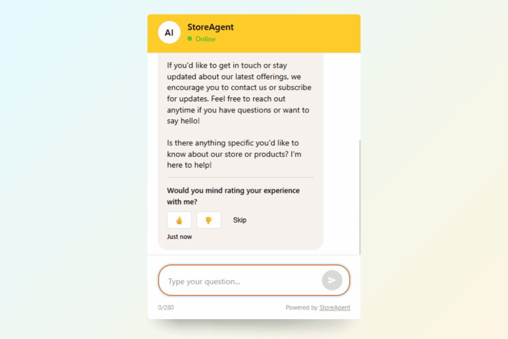 StoreAgent AI chatbot feedback prompt showing thumbs up and thumbs down rating options