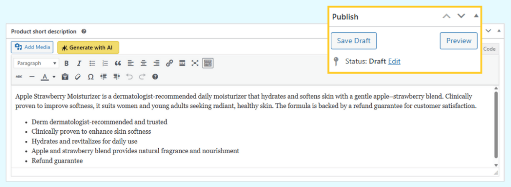 WooCommerce product editor showing draft status with AI content generation button
