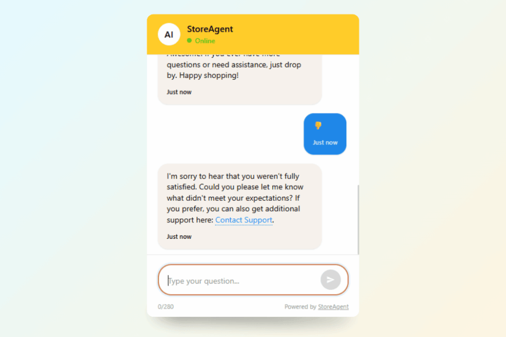 StoreAgent AI chatbot asking for feedback reason after negative rating with support escalation link