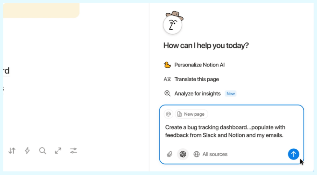 Notion AI chatbot interface with minimalist design showing lightbulb and pen icons for action prompts