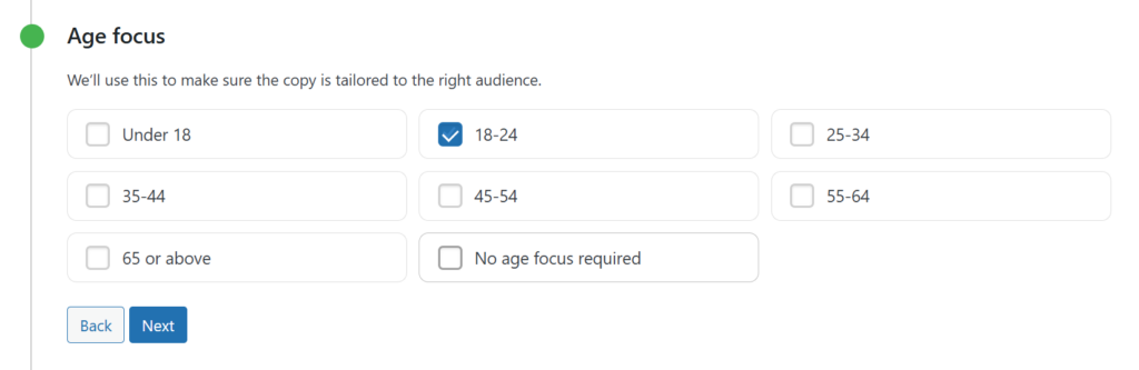 age focus-storeagent – StoreAgent StoreAgent age focus setting interface showing target audience options from teens to seniors in WooCommerce