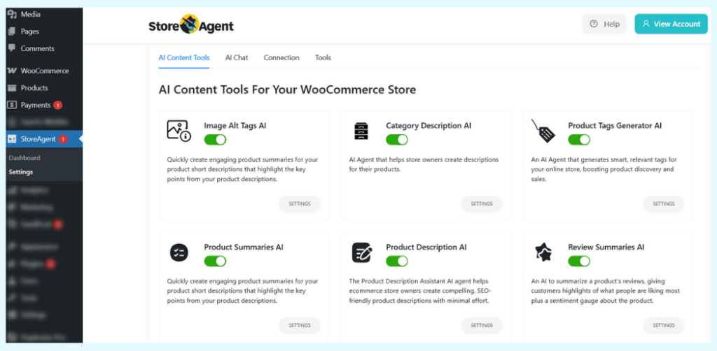 ai-content-tools-storeagent-ai-1024x502 – StoreAgent StoreAgent AI content tools dashboard displaying generators for descriptions, tags, and alt text