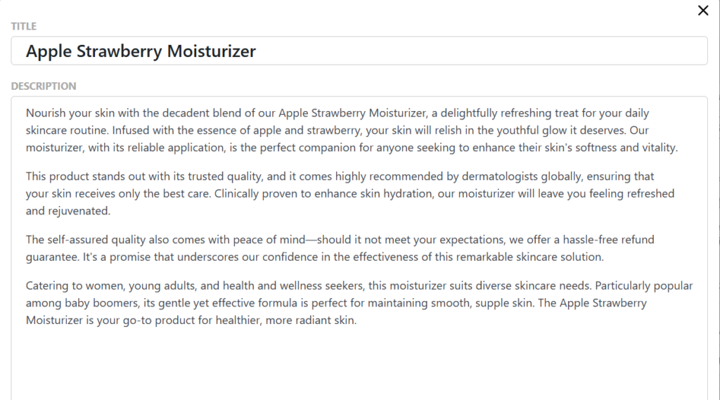 baby boomer-product description – StoreAgent Baby Boomer product description example showing formal language trusted quality and dermatologist recommended phrases