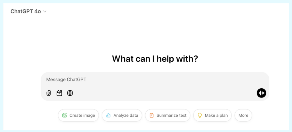 ChatGPT interface with white space design and suggested prompts for creating images and analyzing data