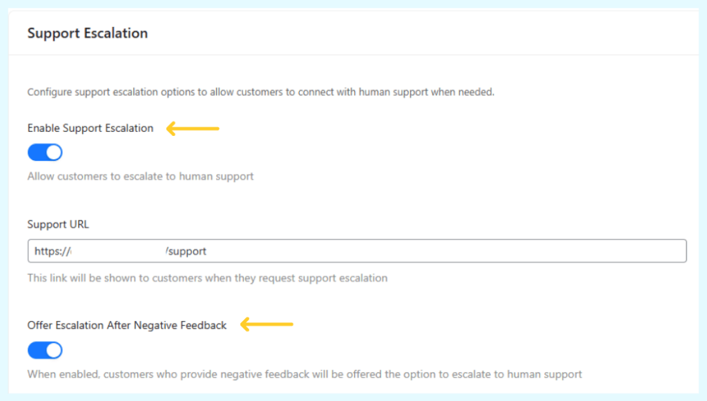 Support escalation settings with URL configuration in StoreAgent dashboard