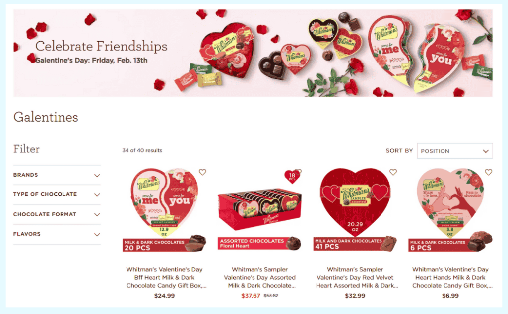 galentines-storeagent – StoreAgent Galentine's Day collection page featuring heart-shaped chocolate boxes for friends