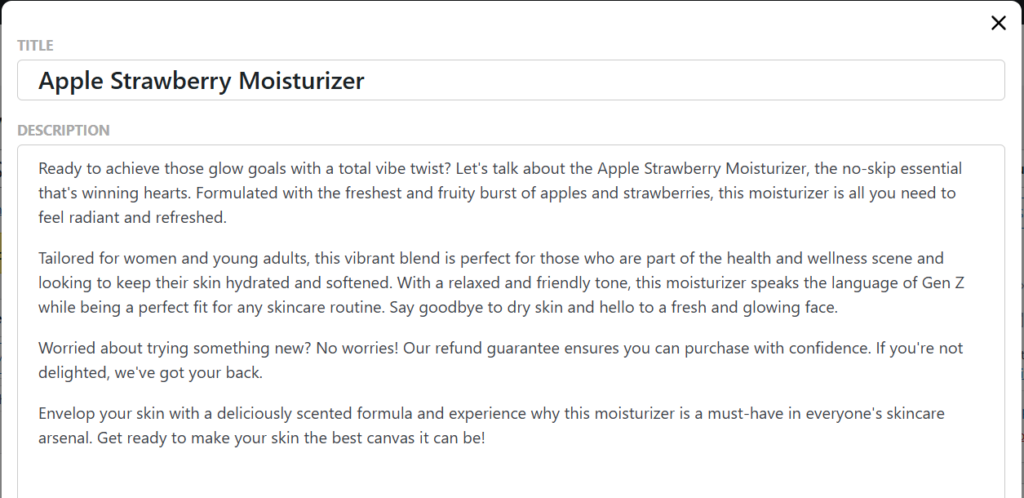 gen z-product description – StoreAgent Gen Z product description example showing casual language glow goals and no-skip essential phrases for moisturizer