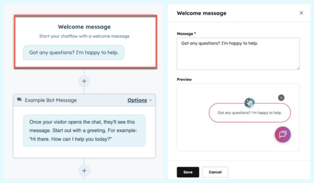 hubspot-setting up rule-based chatbot sample-storeagent – StoreAgent HubSpot chatbot builder interface showing the setup of a rule-based chatbot with manual if/then logic branches for customer support