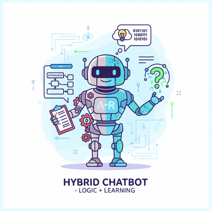 hybrid chatbot-storeagent – StoreAgent Illustration of a hybrid chatbot system combining a rule-based clipboard for strict logic and an AI brain for learning and adaptation