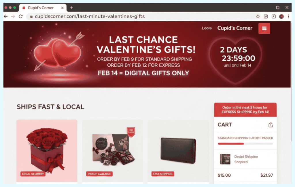 last minute valentines-storeagent – StoreAgent Ecommerce homepage banner showing Valentine's shipping deadlines and express delivery options