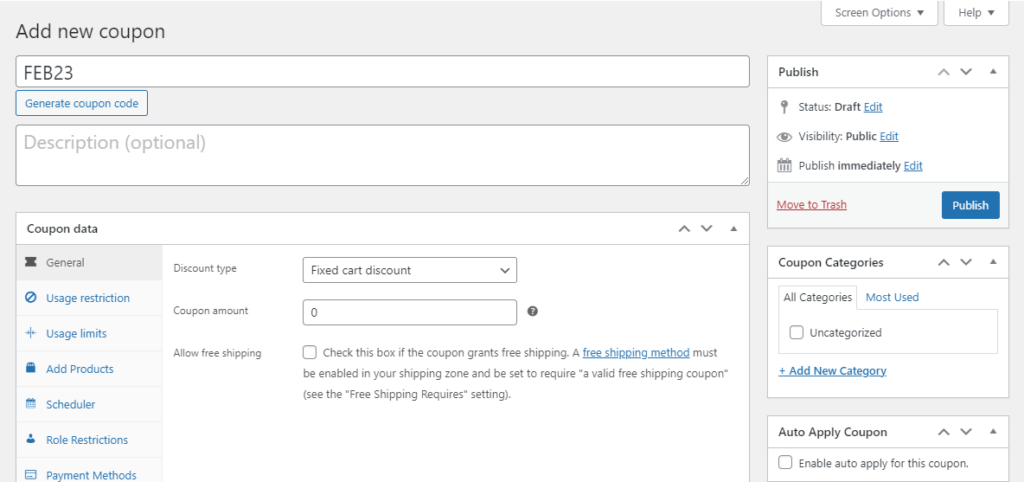 new-coupon – StoreAgent WooCommerce coupon settings screen showing how to create a fixed cart discount