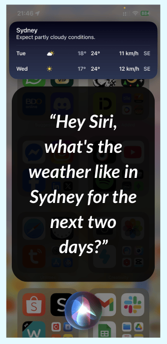 siri example-storeagent – StoreAgent iPhone screen displaying Siri voice assistant processing a spoken weather query to demonstrate natural language understanding