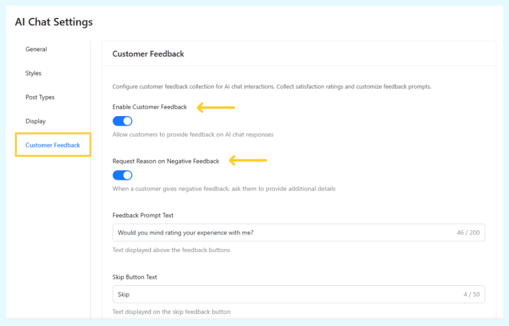 Enable customer feedback toggle in StoreAgent AI Chat Settings dashboard