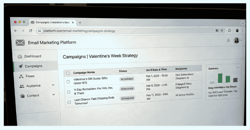 valentines emails-storeagent – StoreAgent Email marketing campaign schedule showing a sequence of three Valentine's Week emails