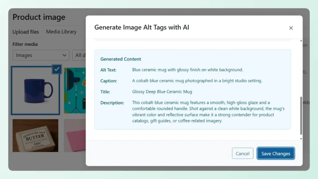 StoreAgent's AI tool generating automated alt text and metadata for a glossy blue ceramic mug in a WordPress popup.