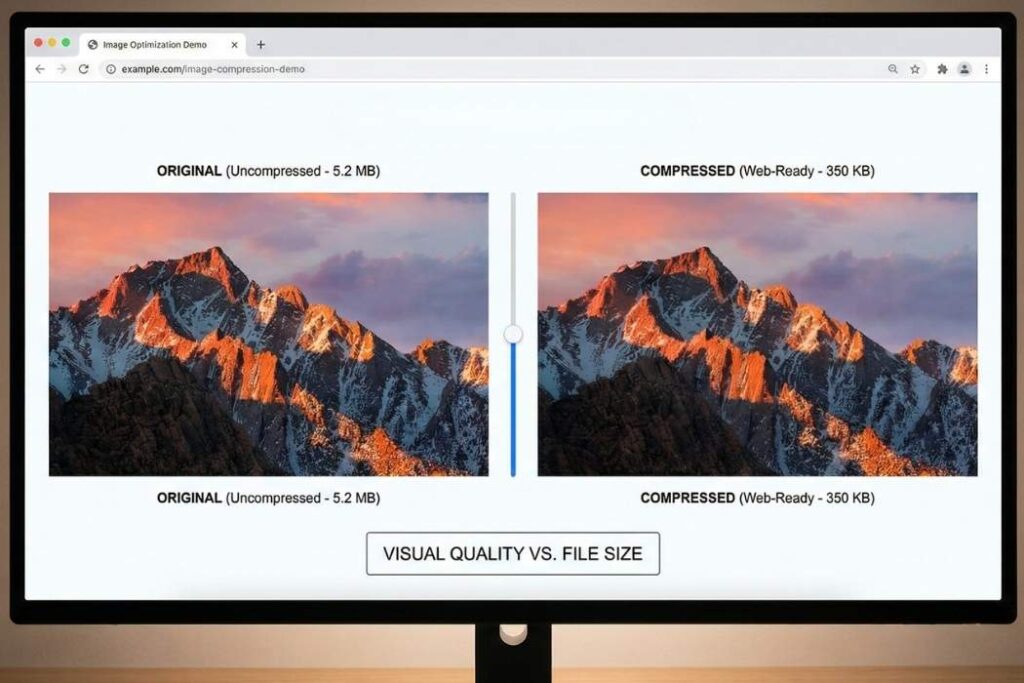 Side-by-side comparison of uncompressed 5.2 MB mountain photo versus 350 KB web-ready compressed version.