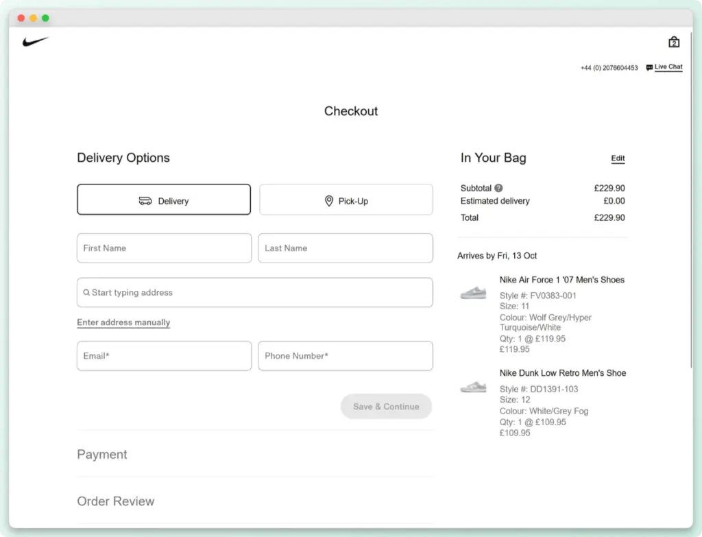 Nike simplified checkout process featuring minimal form fields and a clear order summary for reduced friction.