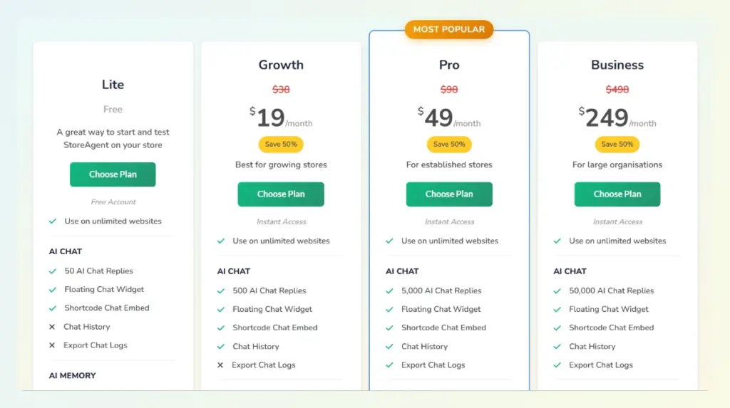 StoreAgent 2026 pricing plans for Lite, Growth, Pro, and Business tiers.