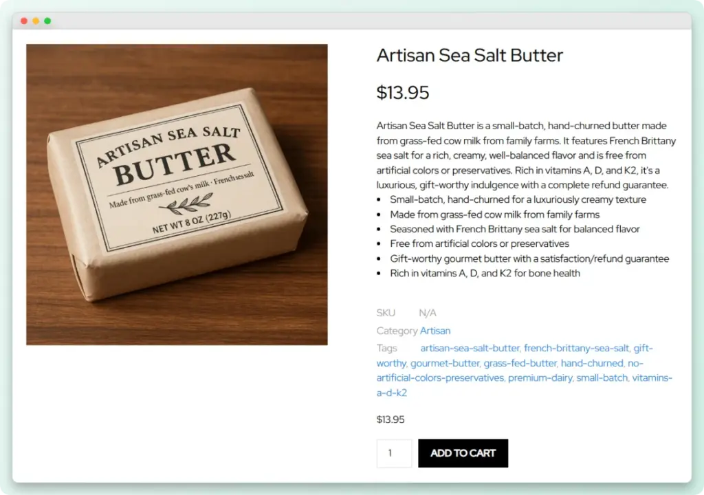 Ecommerce product description example with detailed bullet points and clear formatting for Artisan Sea Salt Butter.