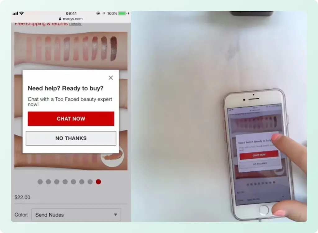 Intrusive mobile live chat pop-up blocking the product view and disrupting the user browsing experience.
